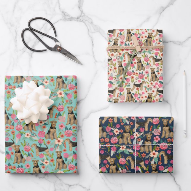 Airedale Terrier Dog Floral Wrapping Paper Sheets (Front)