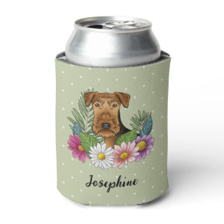 Airedale Terrier Dog Head Colorful Flowers Green Can Cooler