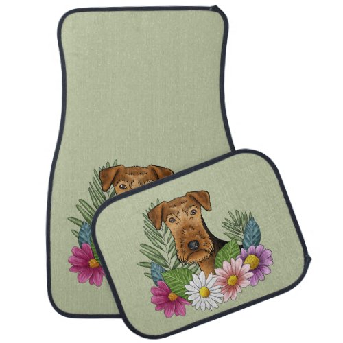 Airedale Terrier Dog Head Colorful Flowers Green Car Floor Mat
