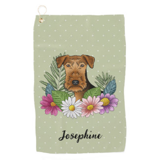 Airedale Terrier Dog Head Colorful Flowers Green Golf Towel