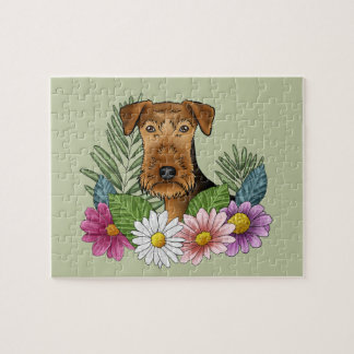 Airedale Terrier Dog Head Colorful Flowers Green Jigsaw Puzzle