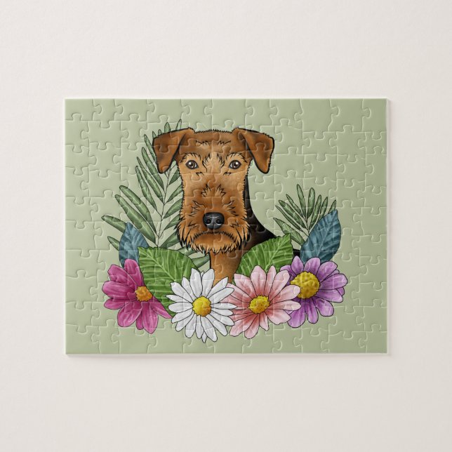 Airedale Terrier Dog Head Colorful Flowers Green Jigsaw Puzzle (Horizontal)