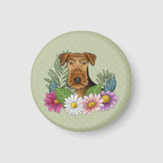 Airedale Terrier Dog Head Colorful Flowers Green Magnet