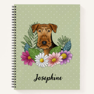 Airedale Terrier Dog Head Colorful Flowers Green Notebook