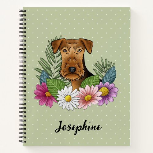 Airedale Terrier Dog Head Colorful Flowers Green Notebook