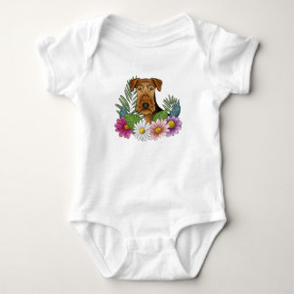 Airedale Terrier Dog Head Colorful Pretty Flowers Baby Bodysuit