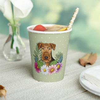 Airedale Terrier Dog Head Colorful Summer Flowers Paper Cups