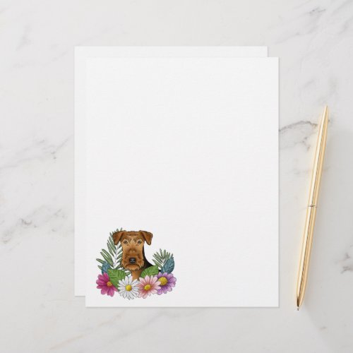 Airedale Terrier Dog Head With Colorful Flowers Letterhead