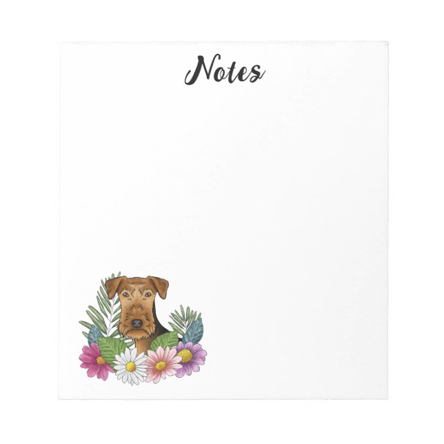 Airedale Terrier Dog Head With Colorful Flowers Notepad (Front)