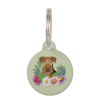 Airedale Terrier Dog Head With Colorful Flowers Pet ID Tag