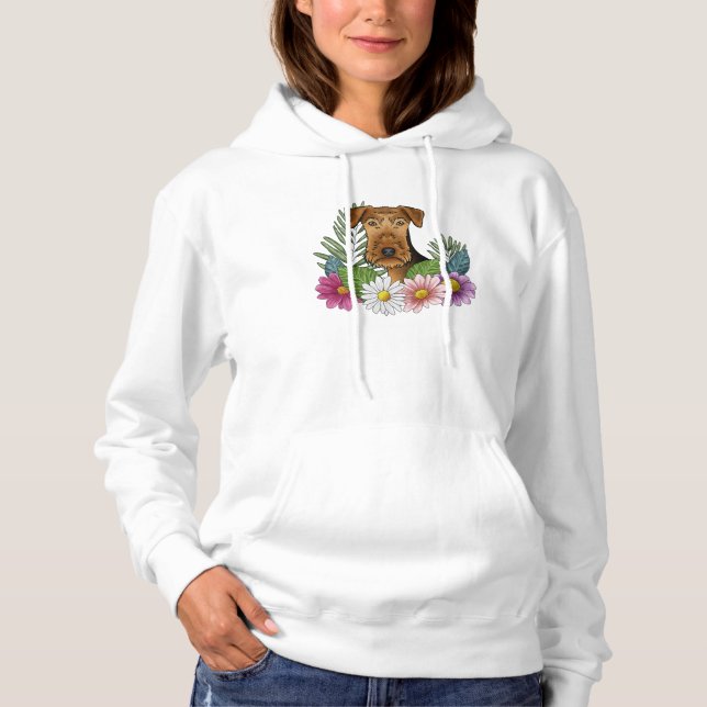 Airedale Terrier Dog Head With Flowers And Leaves Hoodie (Front)