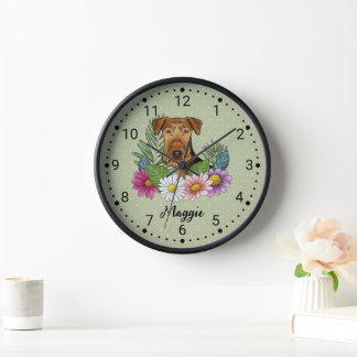 Airedale Terrier Dog Head With Flowers And Name Clock