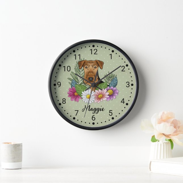 Airedale Terrier Dog Head With Flowers And Name Clock (Home)