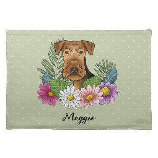 Airedale Terrier Dog Head With Flowers And Name Cloth Placemat