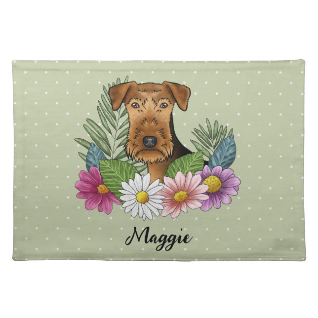 Airedale Terrier Dog Head With Flowers And Name Cloth Placemat (Front)