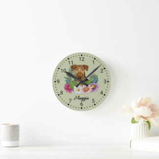 Airedale Terrier Dog Head With Flowers And Name Round Clock