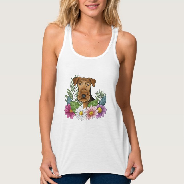 Airedale Terrier Dog Head With Pretty Flowers Tank Top (Front)
