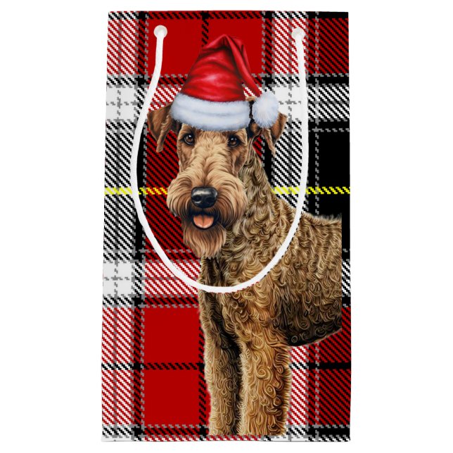 Airedale Terrier Dog Holiday Plaid Christmas Small Gift Bag (Front)