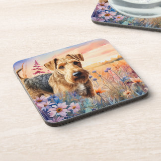 Airedale Terrier Dog in a Wildflower Meadow Beverage Coaster