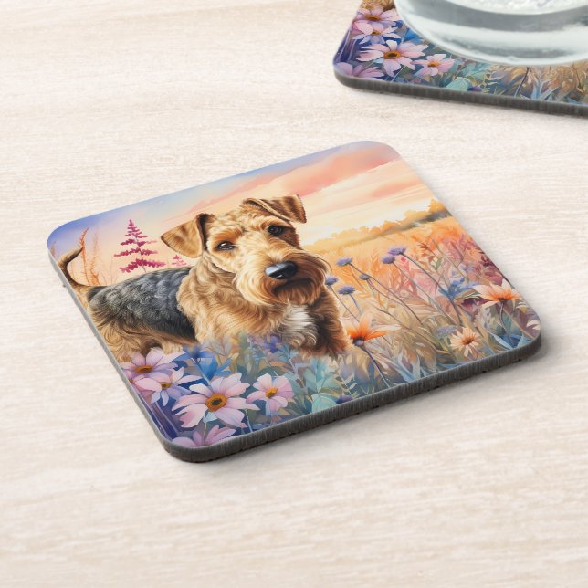 Airedale Terrier Dog in a Wildflower Meadow Beverage Coaster (Left Side)