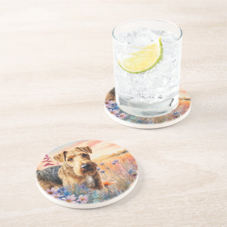 Airedale Terrier Dog in a Wildflower Meadow Coaster