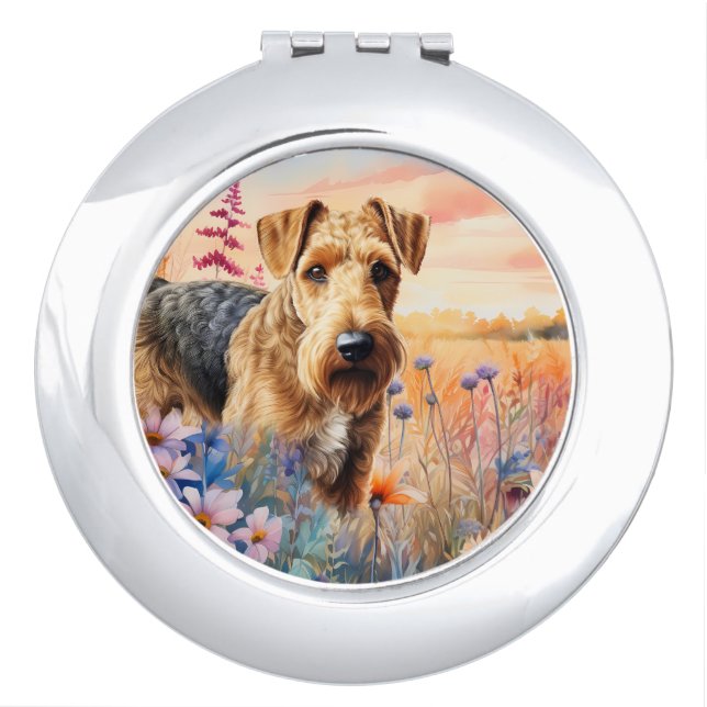 Airedale Terrier Dog in a Wildflower Meadow Compact Mirror (Front)