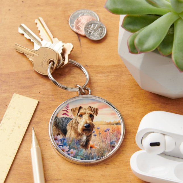 Airedale Terrier Dog in a Wildflower Meadow Keychain (Desk)