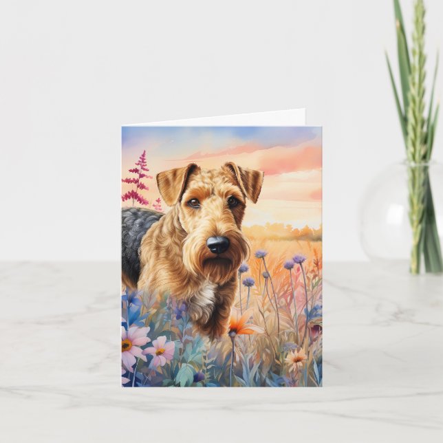 Airedale Terrier Dog in a Wildflower Meadow Note Card (Front)