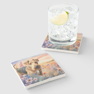 Airedale Terrier Dog in a Wildflower Meadow Stone Coaster