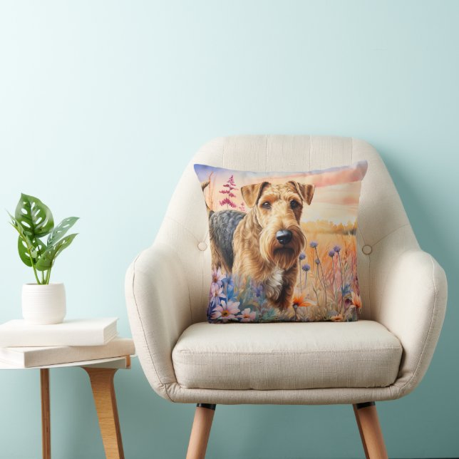 Airedale Terrier Dog in a Wildflower Meadow Throw Pillow (Chair)