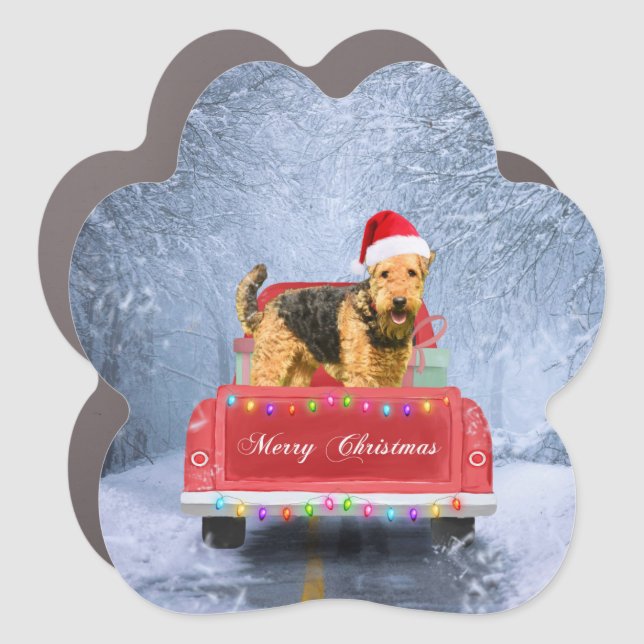 Airedale Terrier Dog in Snow sitting in Christmas Car Magnet (Front)