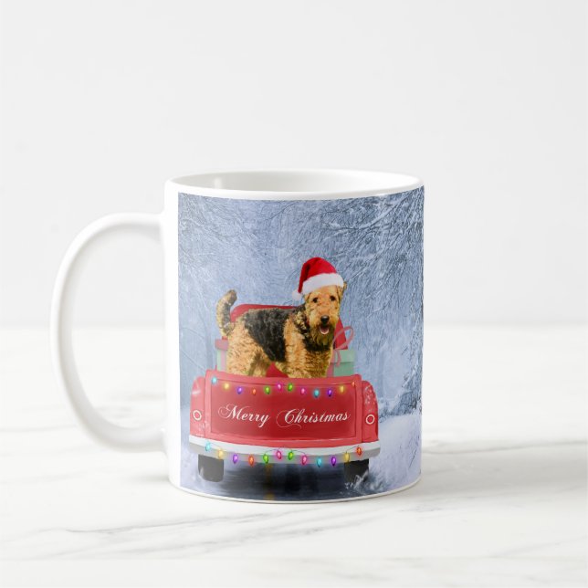 Airedale Terrier Dog in Snow sitting in Christmas Coffee Mug (Left)