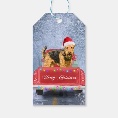 Airedale Terrier Dog in Snow sitting in Christmas Gift Tags