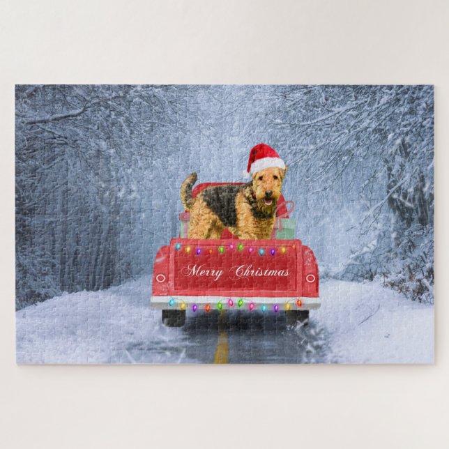 Airedale Terrier Dog in Snow sitting in Christmas  Jigsaw Puzzle (Horizontal)