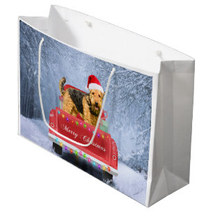 Airedale Terrier Dog in Snow sitting in Christmas Large Gift Bag