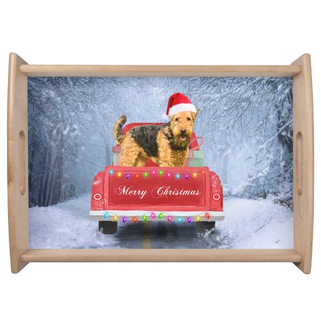 Airedale Terrier Dog in Snow sitting in Christmas  Serving Tray (Front)