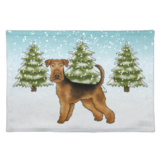 Airedale Terrier Dog In Snowy Winter Forest Cute Cloth Placemat