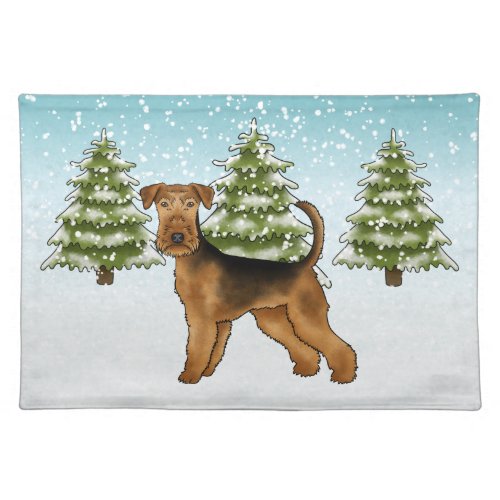 Airedale Terrier Dog In Snowy Winter Forest Cute Cloth Placemat