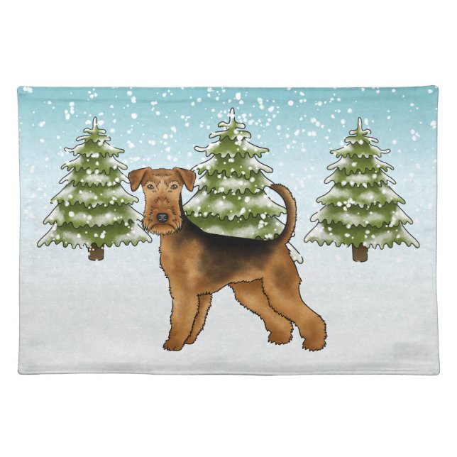 Airedale Terrier Dog In Snowy Winter Forest Cute Cloth Placemat (Front)