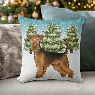 Airedale Terrier Dog In Snowy Winter Forest Cute Throw Pillow