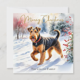 Airedale Terrier Dog In Winter Snow Christmas Holiday Card