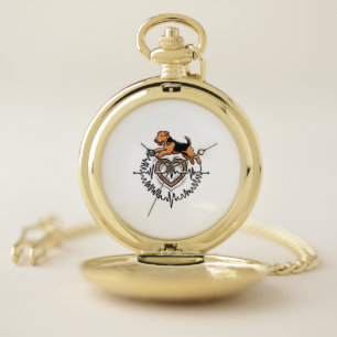 Airedale Terrier Dog Jumping Heart Ekg Line Pocket Watch