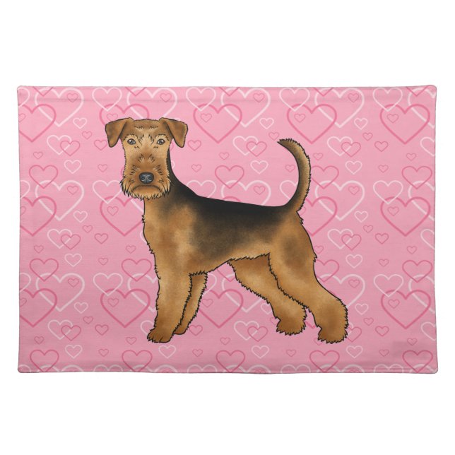 Airedale Terrier Dog Love With Pink Heart Pattern Cloth Placemat (Front)