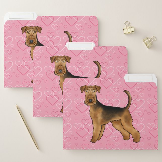 Airedale Terrier Dog Love With Pink Heart Pattern File Folder (Set)