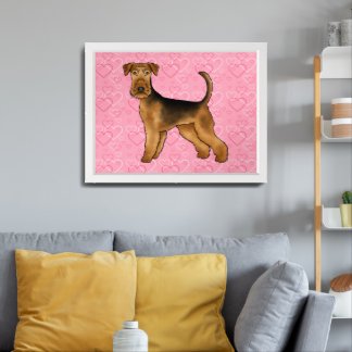 Airedale Terrier Dog Love With Pink Heart Pattern Framed Art