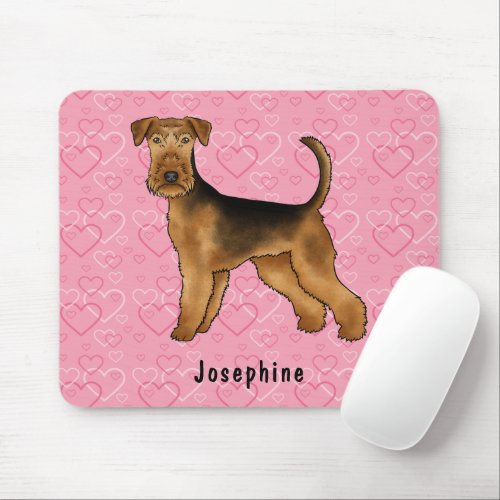 Airedale Terrier Dog Love With Pink Heart Pattern Mouse Pad