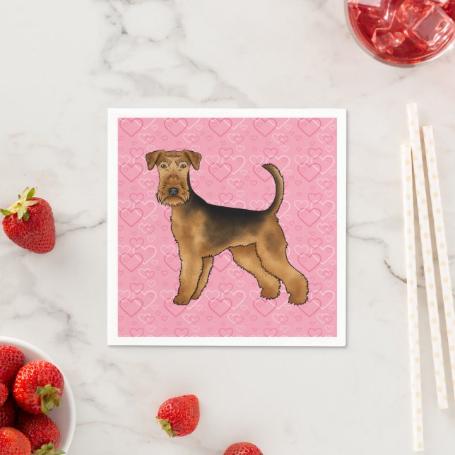 Airedale Terrier Dog Love With Pink Heart Pattern Napkins (Insitu)