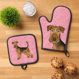 Airedale Terrier Dog Love With Pink Heart Pattern Oven Mitt & Pot Holder Set