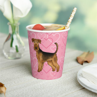 Airedale Terrier Dog Love With Pink Heart Pattern Paper Cups