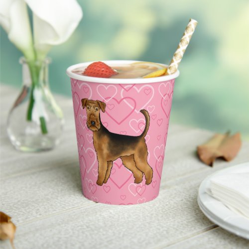 Airedale Terrier Dog Love With Pink Heart Pattern Paper Cups